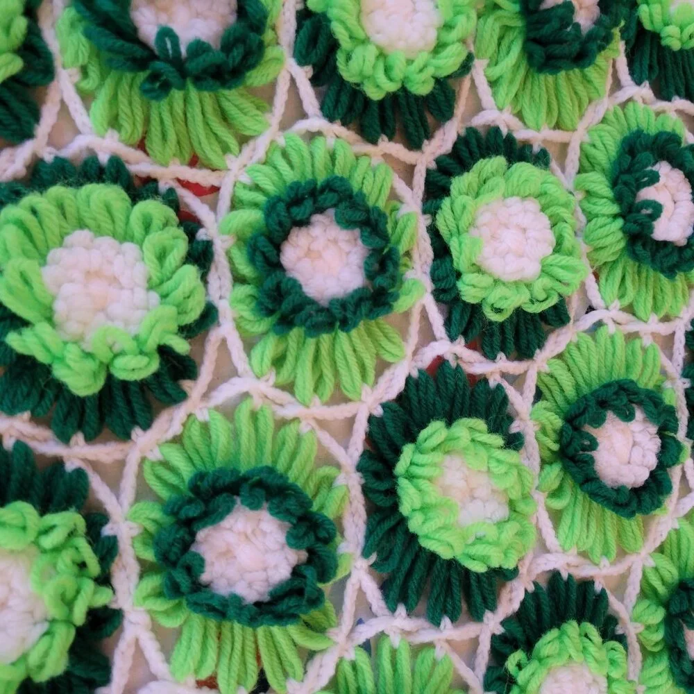 Vintage Green Crochet Floral Afghan Vintage Coverlet Bedspread Blanket‎ 3D 88x67